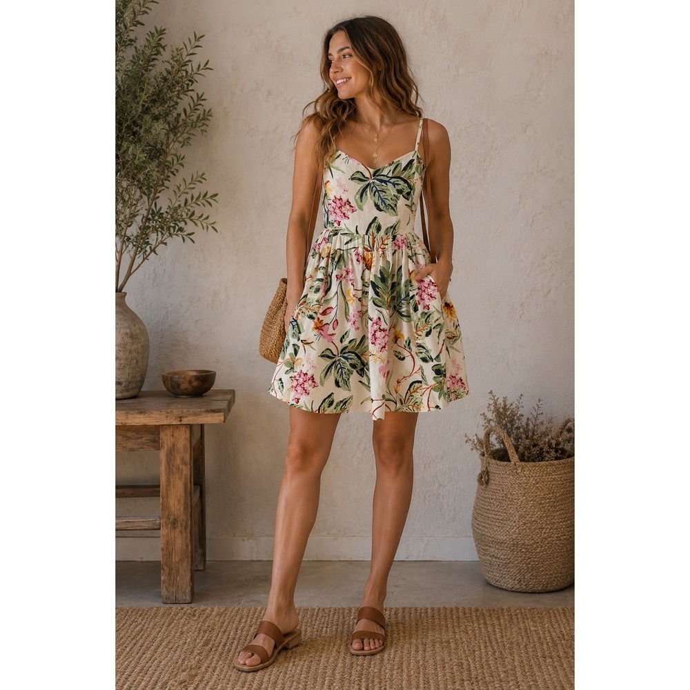 HM Floral Cotton Mini Dress Cream Tropical Botanical Smocked Back Size M